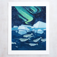 Narwhals Northern Lights Print
