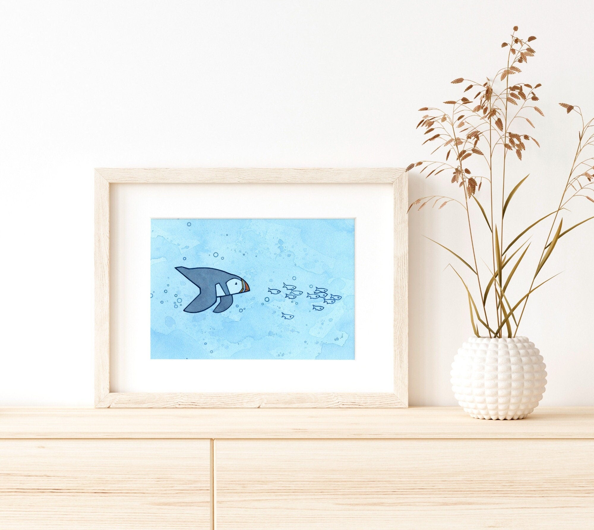 Diving Puffin Watercolor Art Print
