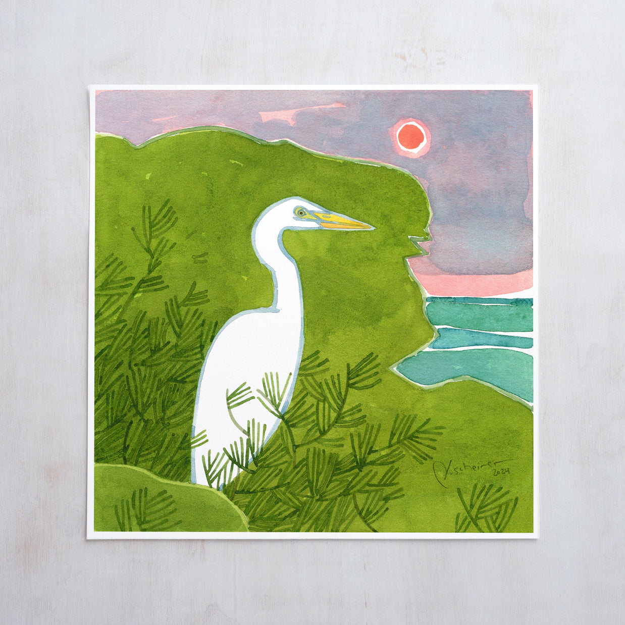 Egret Watercolor Illustration Print