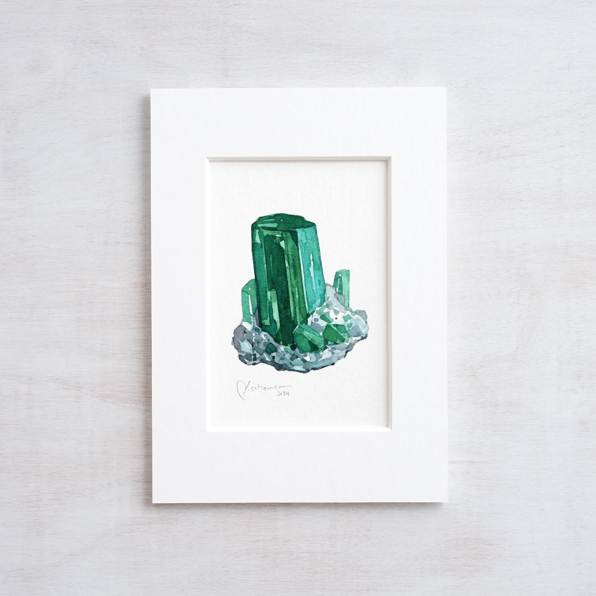Original Emerald Crystal Watercolor Painting