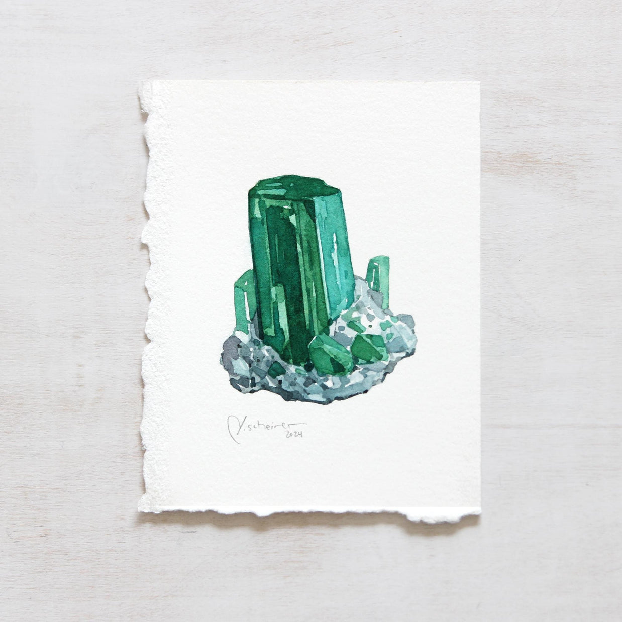 Original Emerald Crystal Watercolor Painting