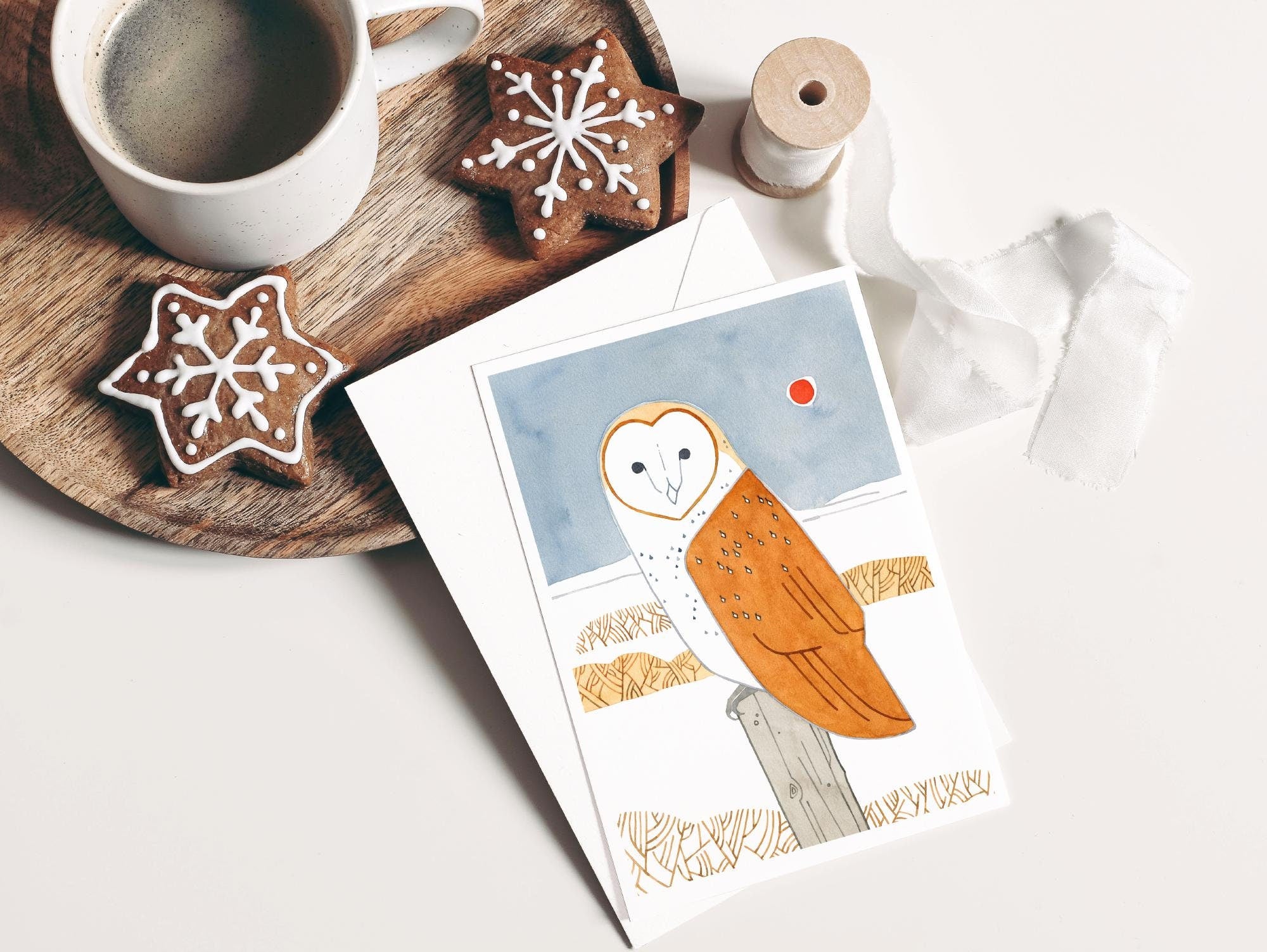 Barn Owl Winter Bird Folk Art Christmas Card