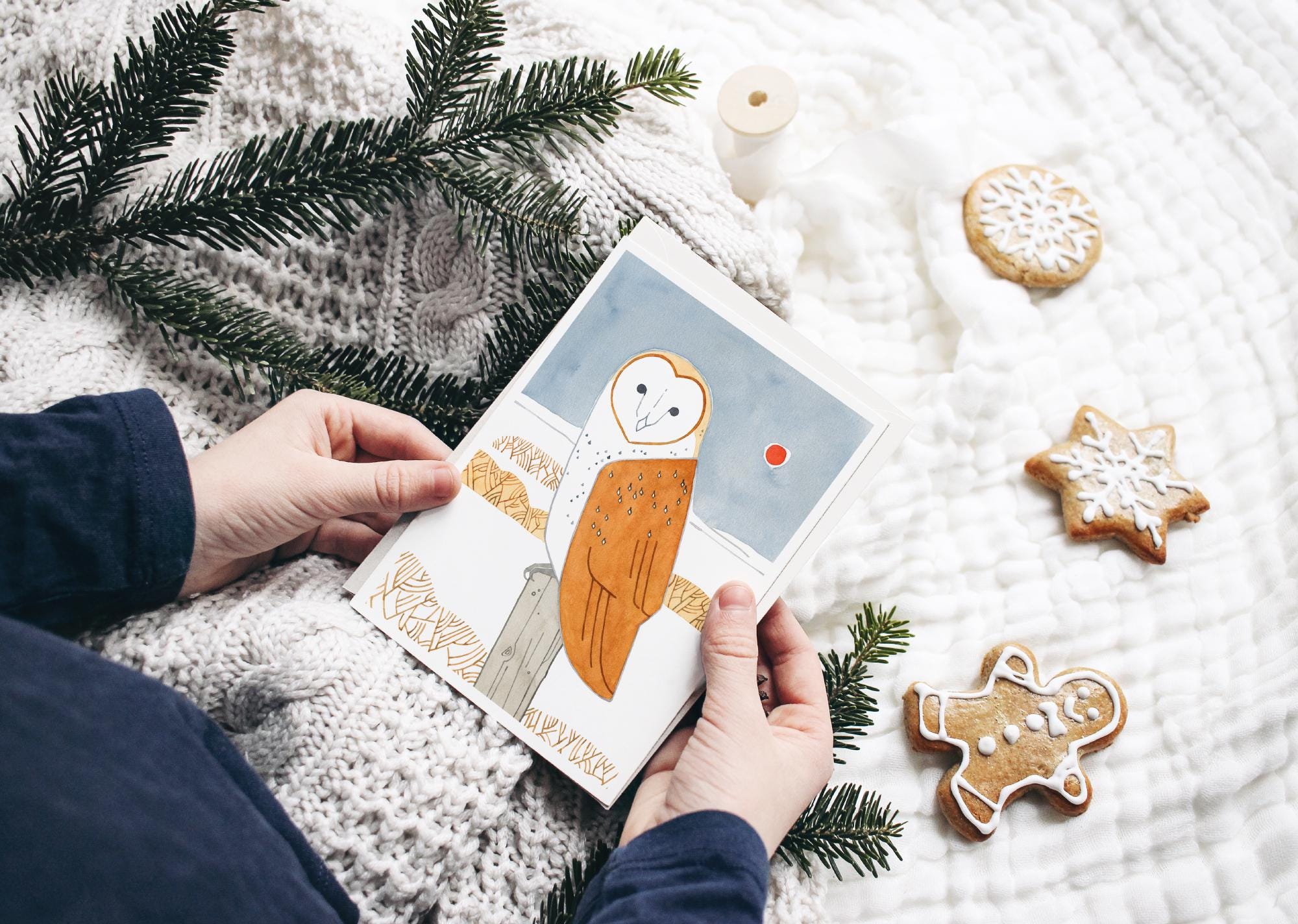 Barn Owl Winter Bird Folk Art Christmas Card