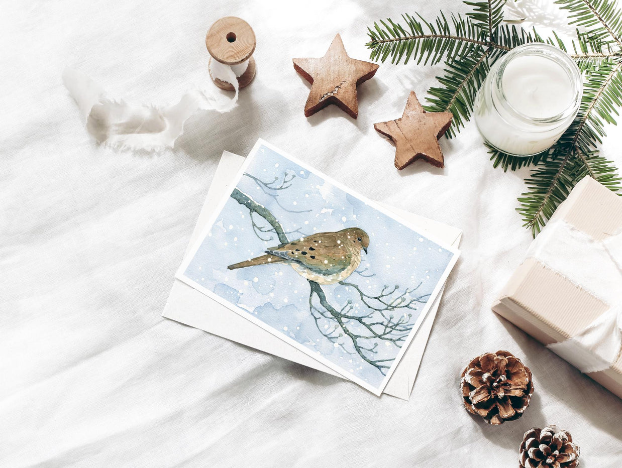 Mourning Dove Winter Card Christmas Holiday Bird in Snow Note Card