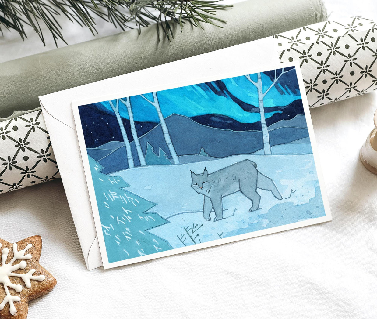 Lynx and Northern Lights Card Illustrated Holiday Card