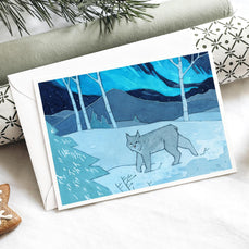 Lynx and Northern Lights Card Illustrated Holiday Card