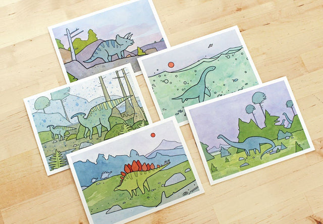 Dinosaur Illustration Card Set: 10 Blank Notecards