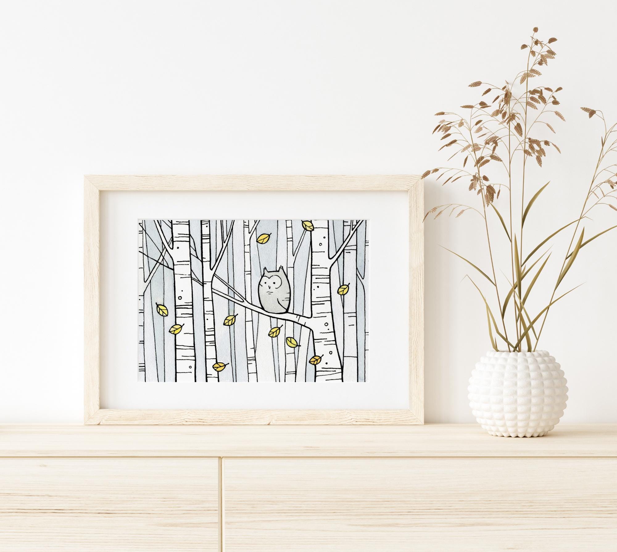 Screech Owl Birch Tree Print