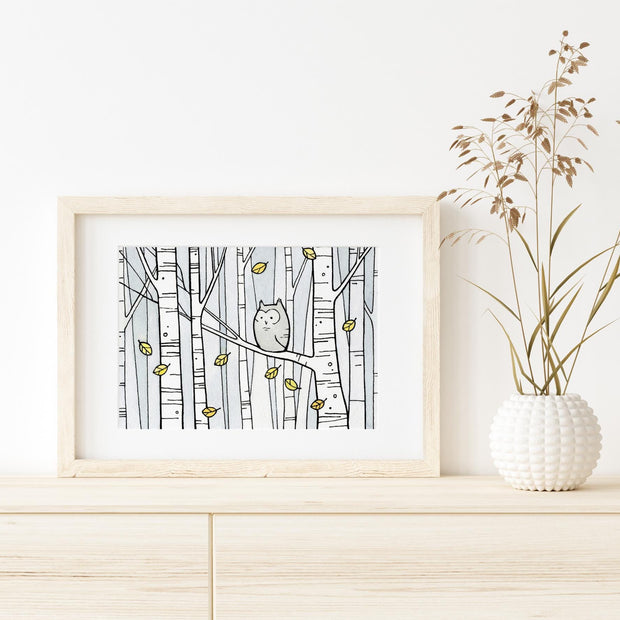 Screech Owl Birch Tree Print