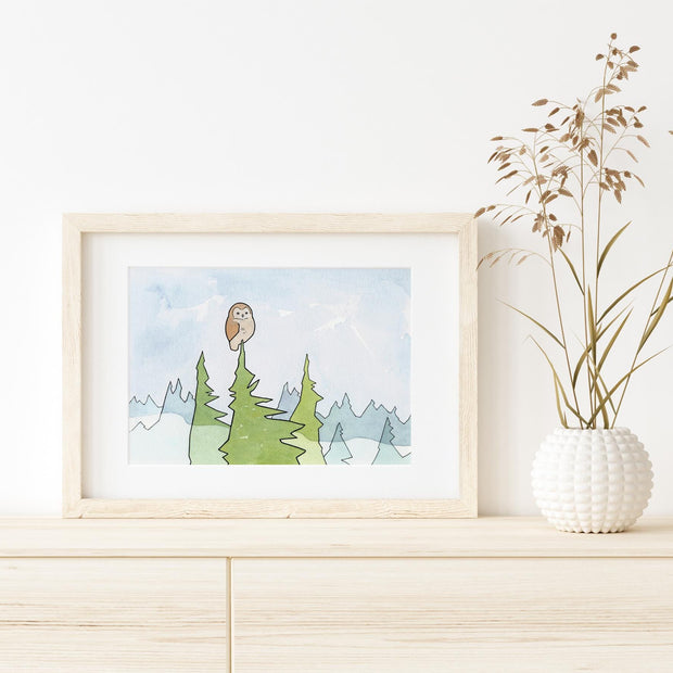 Owl, Pines & Fog Print