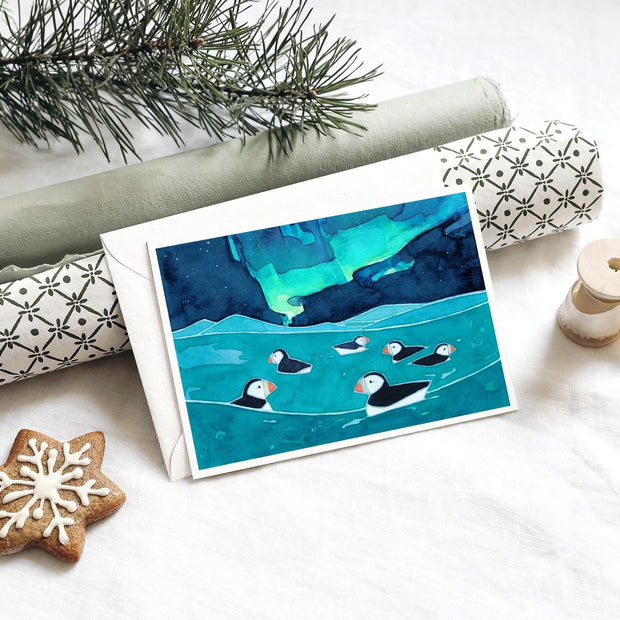Puffins and Northern Lights Card