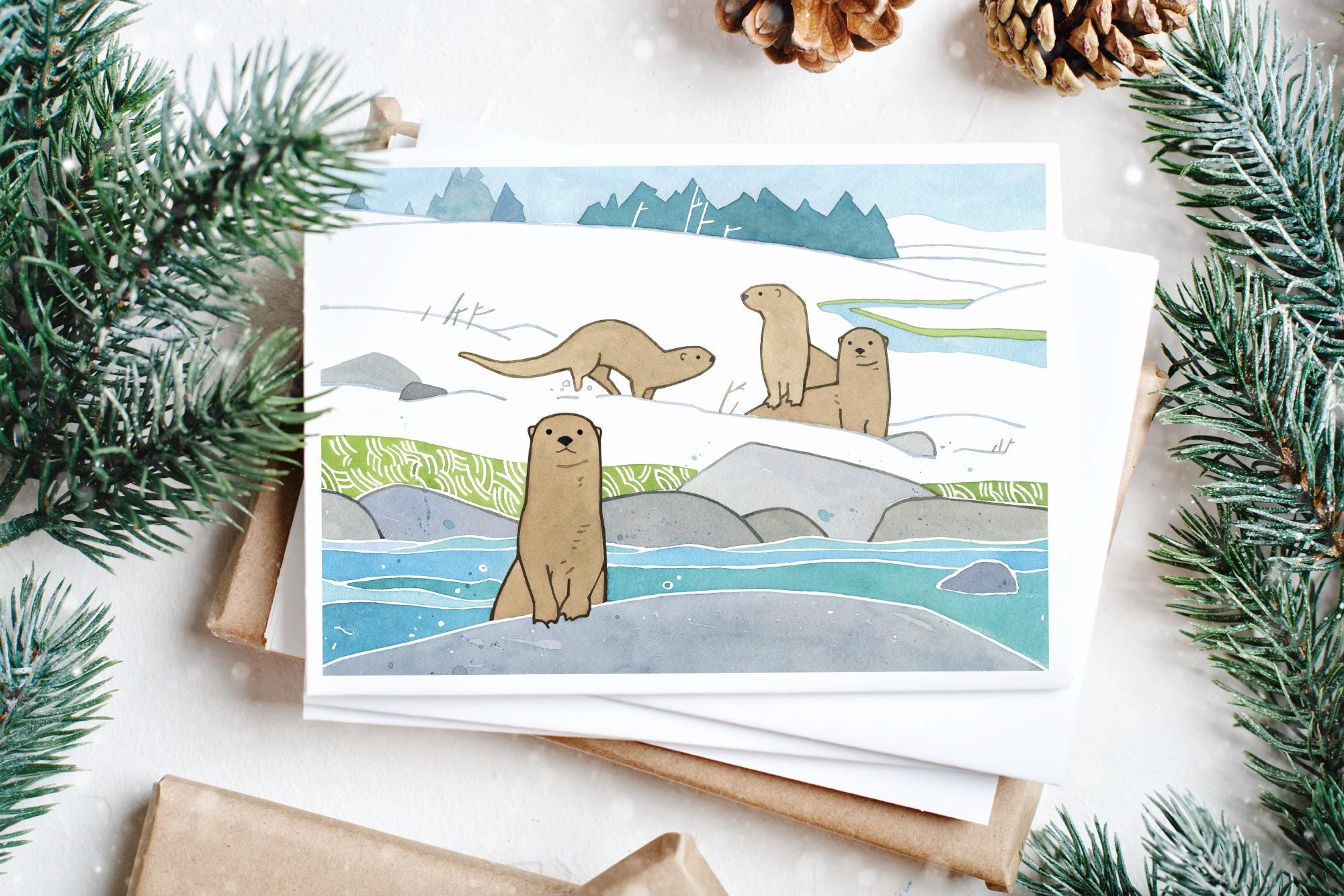 River Otters Winter Card Set