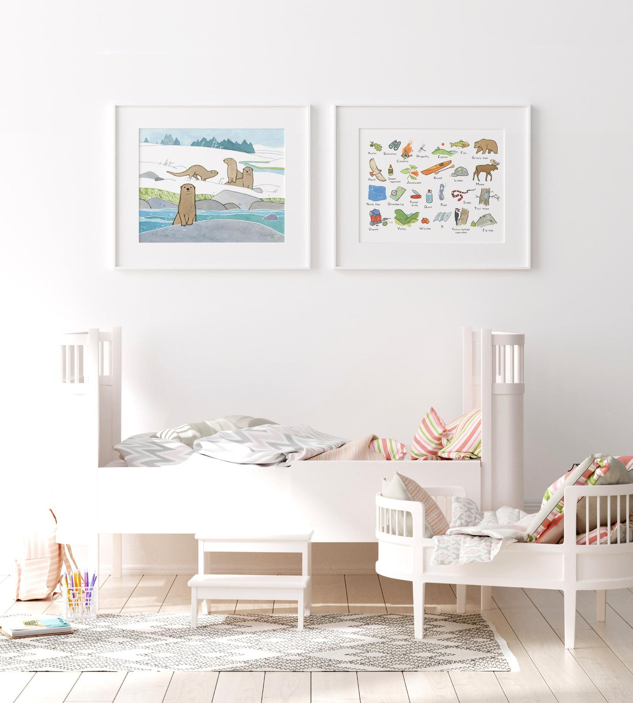 River Otters in Snow Art Print Animal Kids Room Wall Decor
