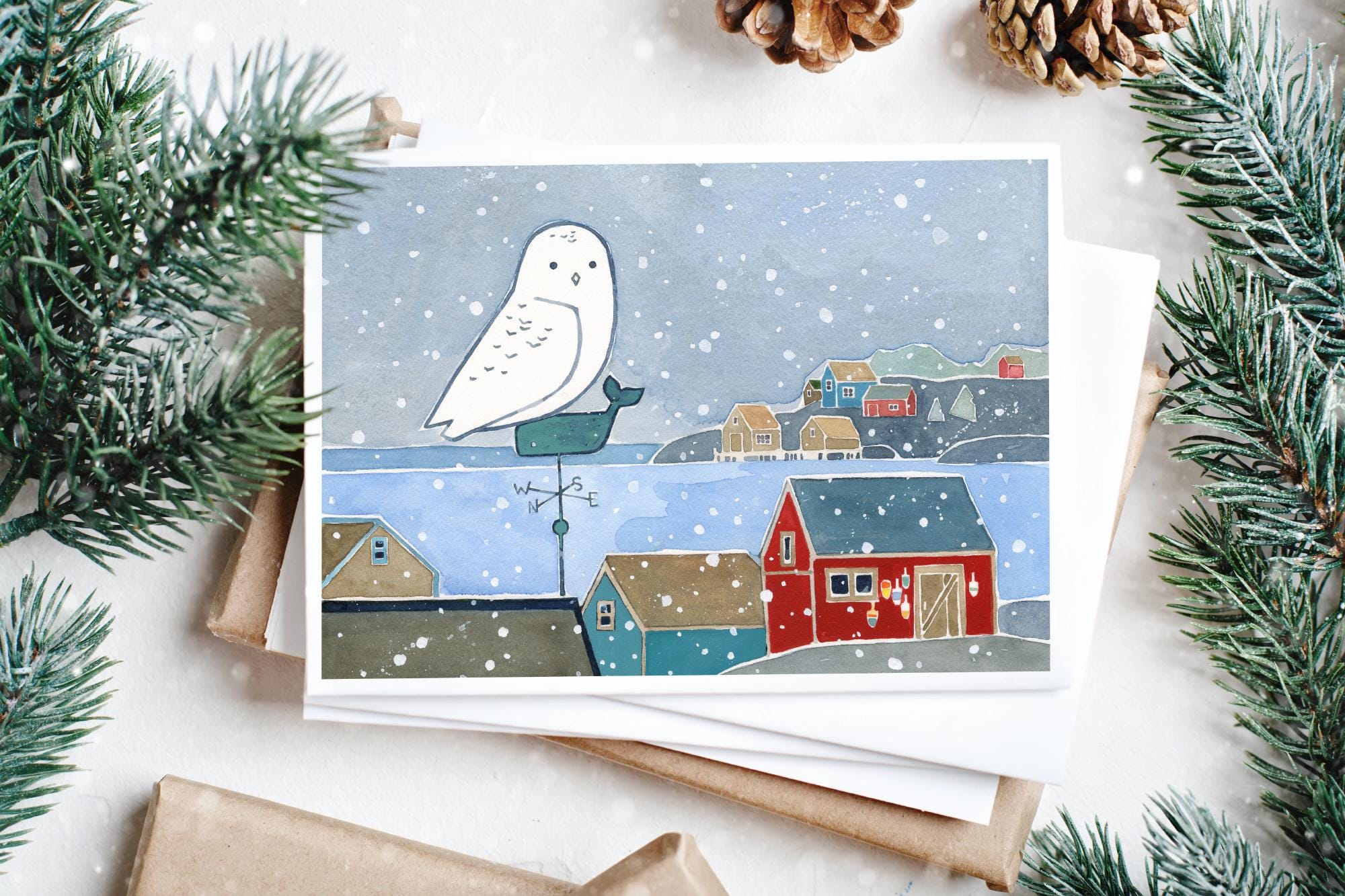 Snowy Owl Coastal Christmas Card
