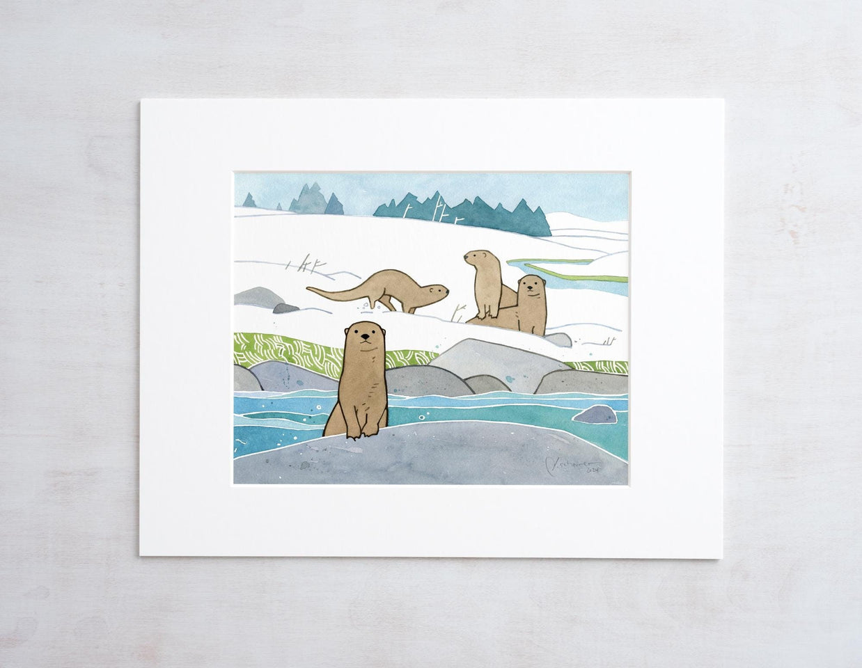River Otters in Snow Art Print Animal Kids Room Wall Decor