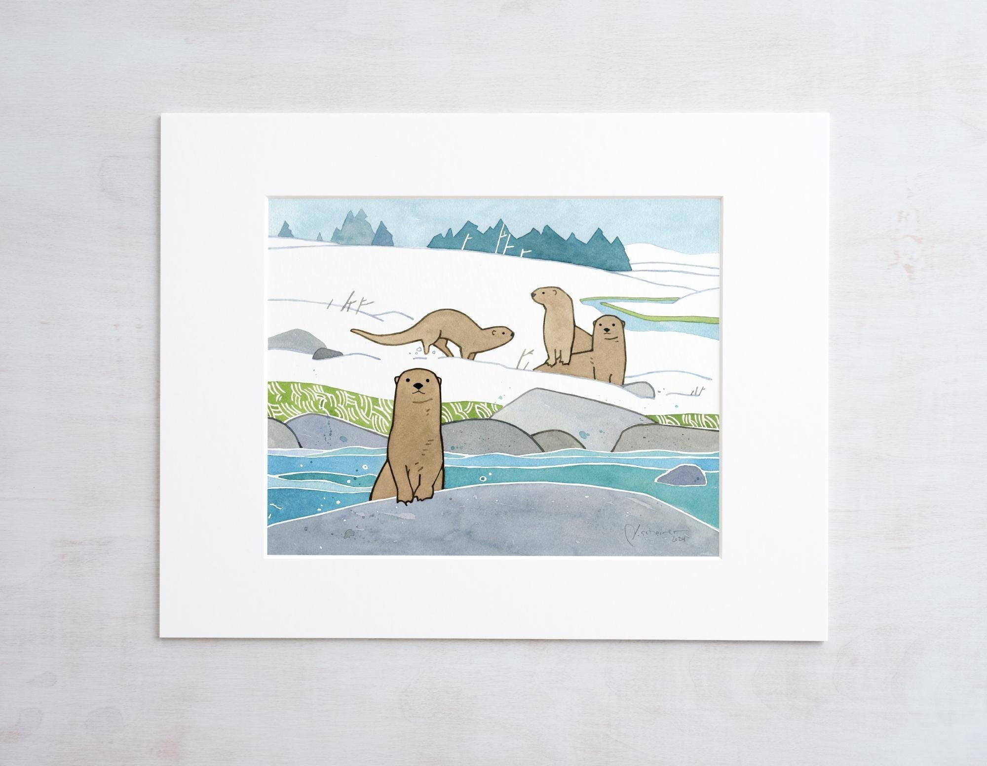 River Otters in Snow Art Print Animal Kids Room Wall Decor