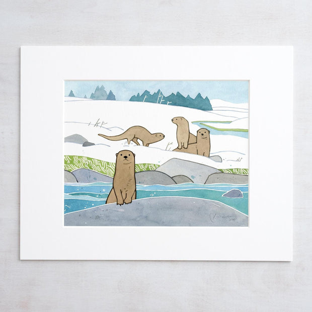 River Otters in Snow Art Print Animal Kids Room Wall Decor