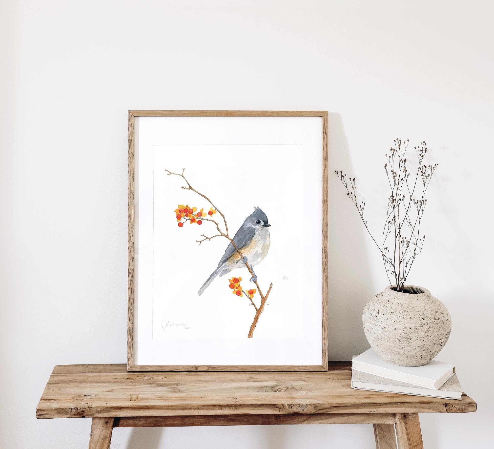 Tufted Titmouse on Bittersweet Print