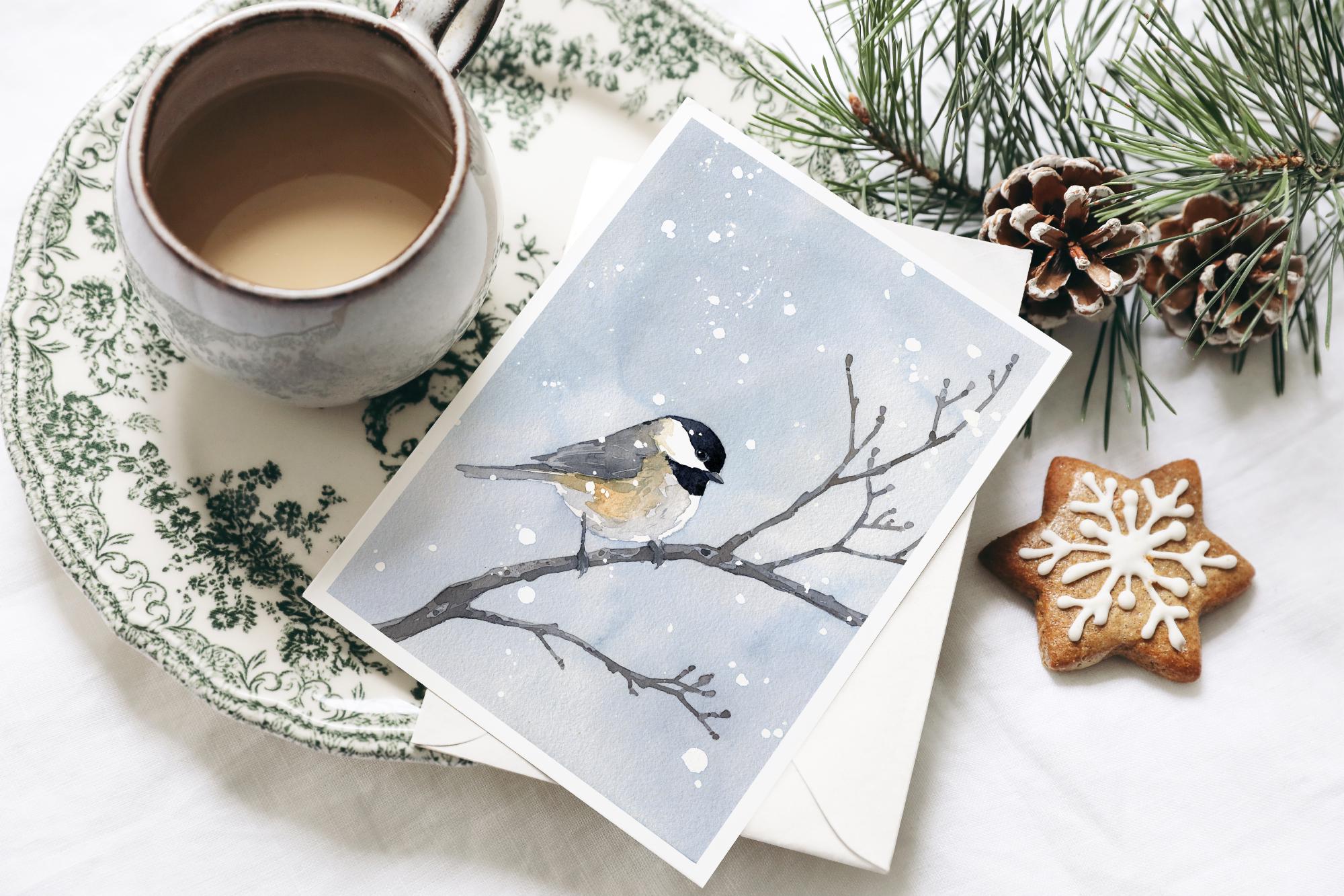 Chickadee in Snow Winter Holiday Card