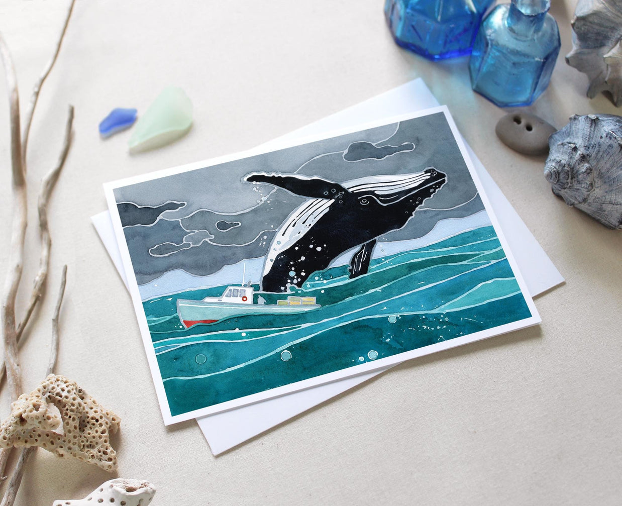 Breaching Whale & Fishing Boat Card