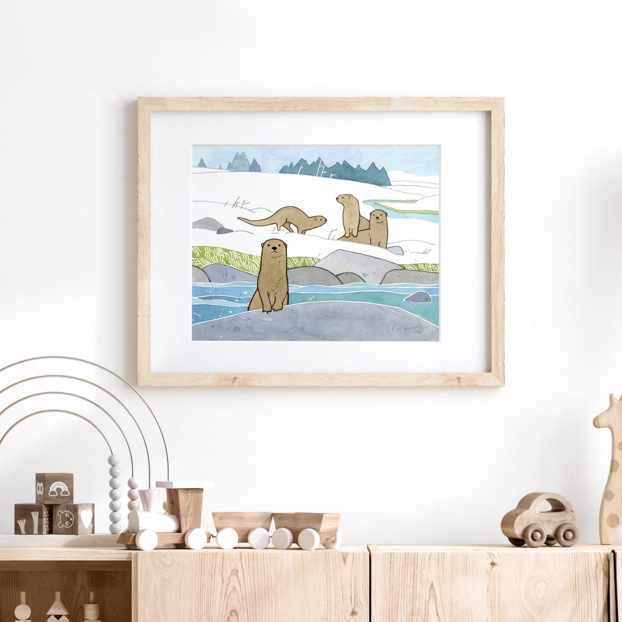 River Otters in Snow Art Print Animal Kids Room Wall Decor