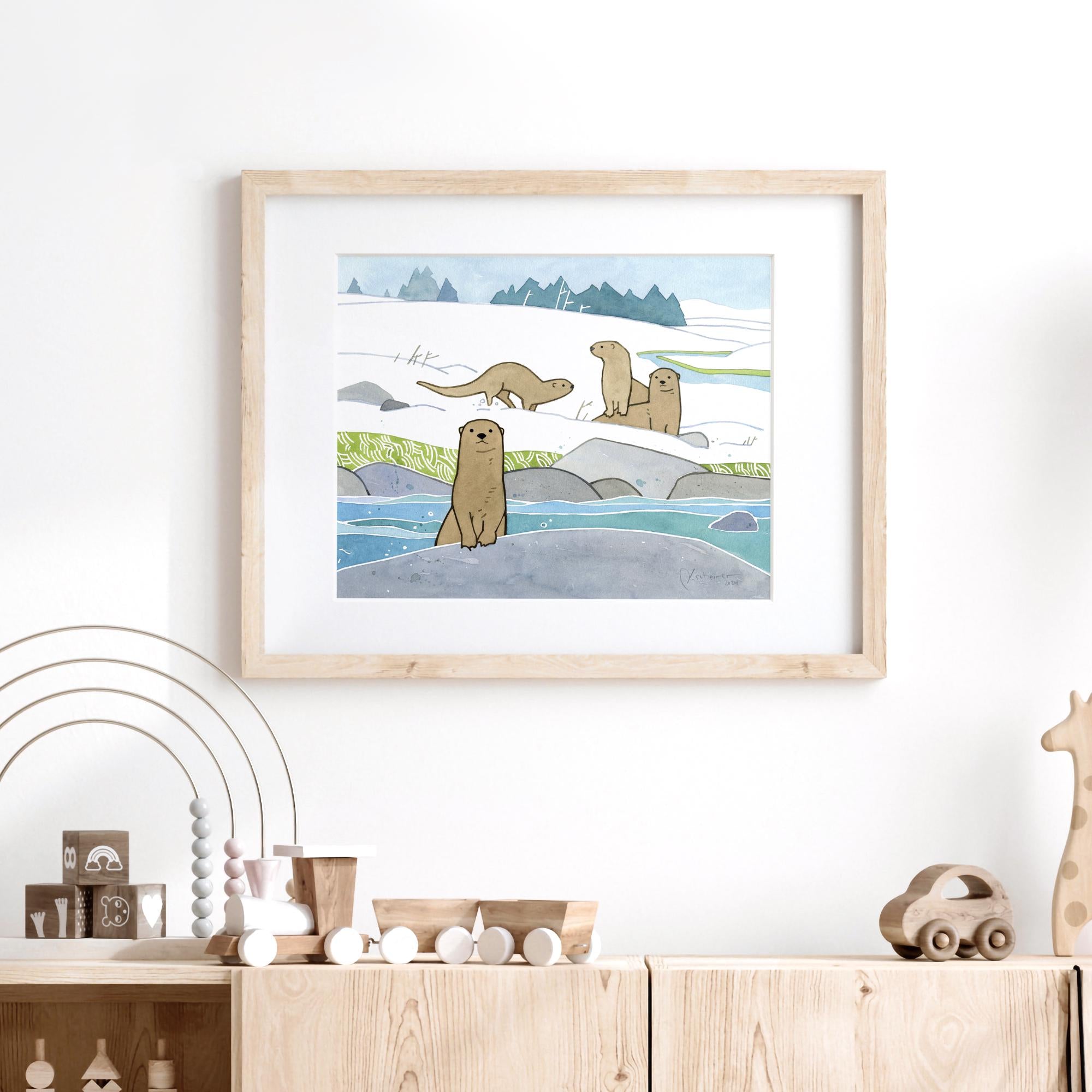 River Otters in Snow Art Print Animal Kids Room Wall Decor