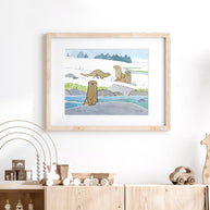 River Otters in Snow Art Print Animal Kids Room Wall Decor