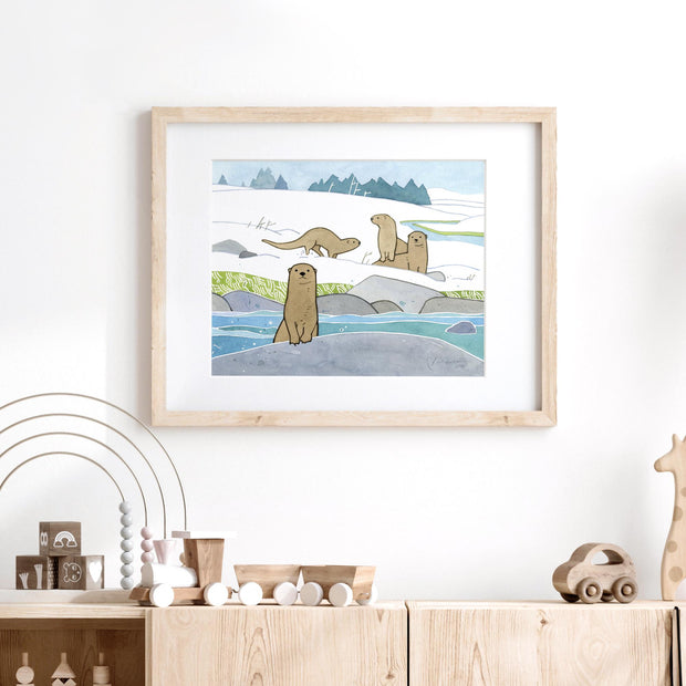 River Otters in Snow Art Print Animal Kids Room Wall Decor