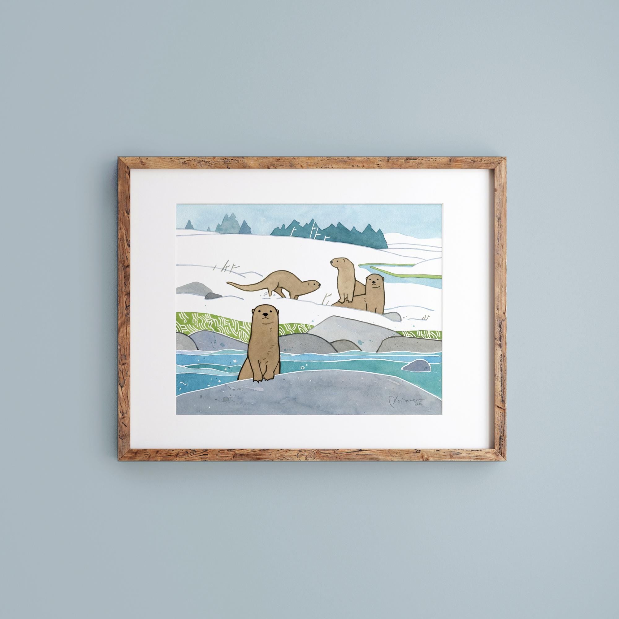 River Otters in Snow Art Print Animal Kids Room Wall Decor
