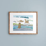 River Otters in Snow Art Print Animal Kids Room Wall Decor