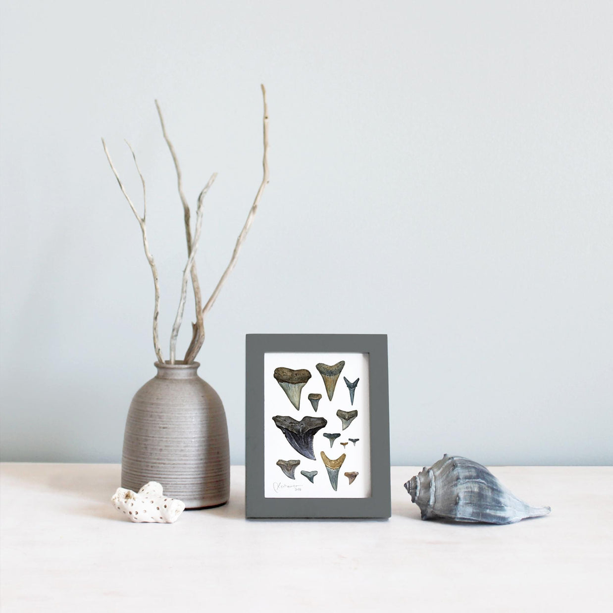 Shark Teeth Watercolor Art: Mini Framed Print