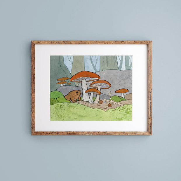 Toad Under Mushrooms Print