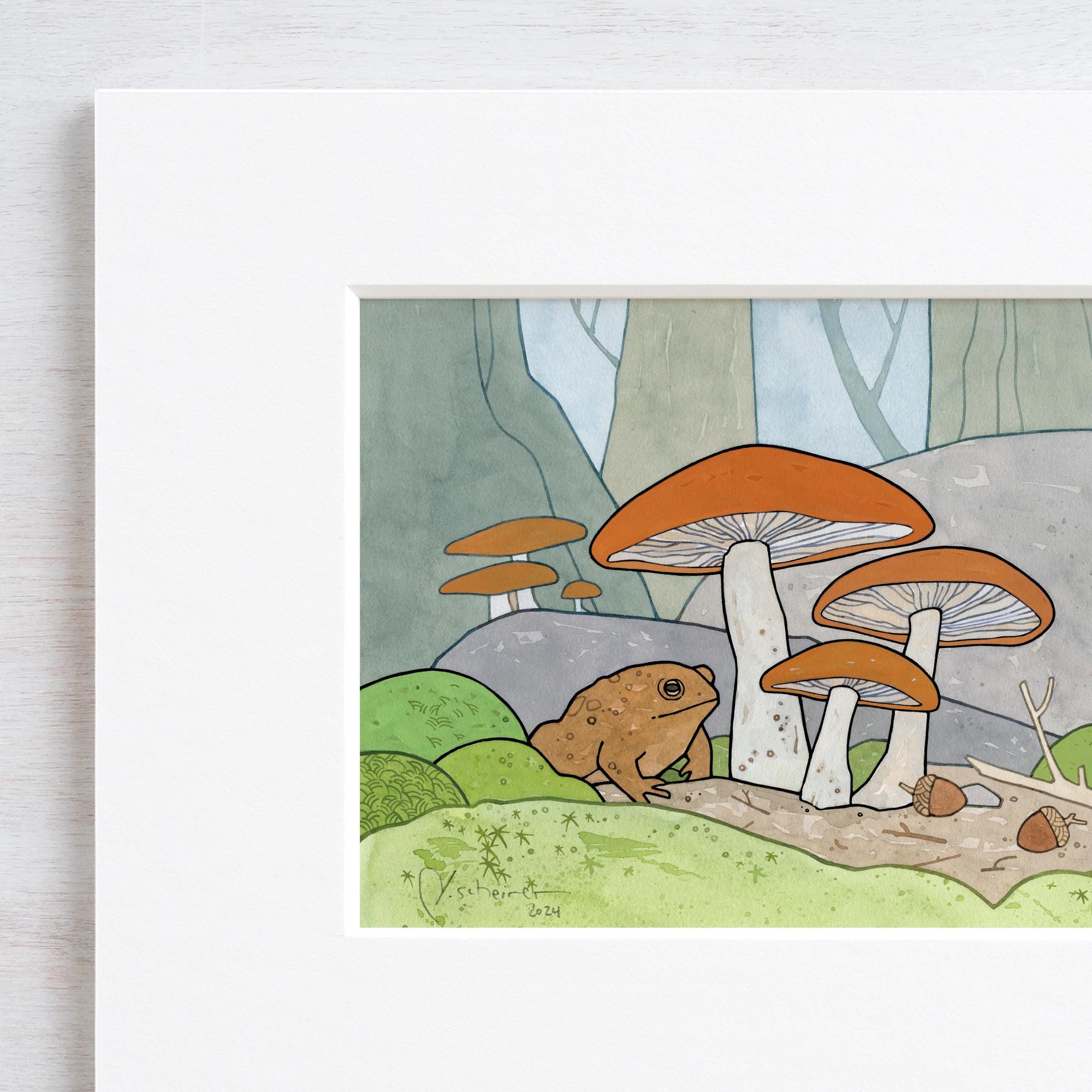 Toad Under Mushrooms Print