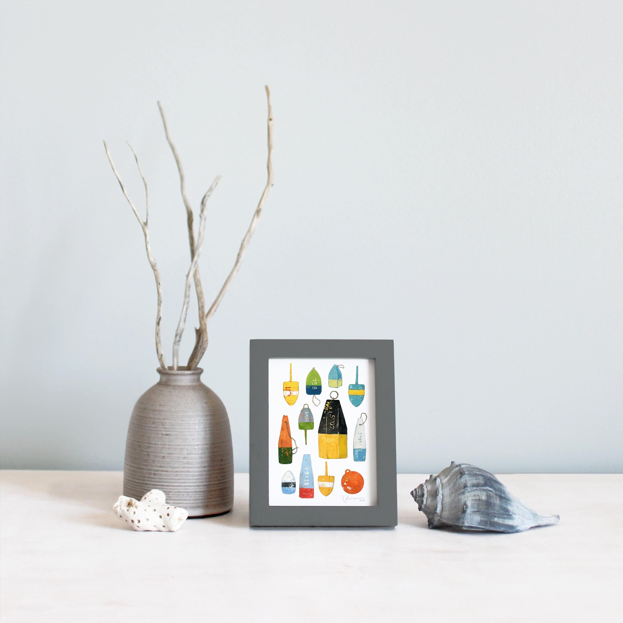 Framed Mini Lobster Buoys Watercolor Print Tabletop Frame Maritime Living
