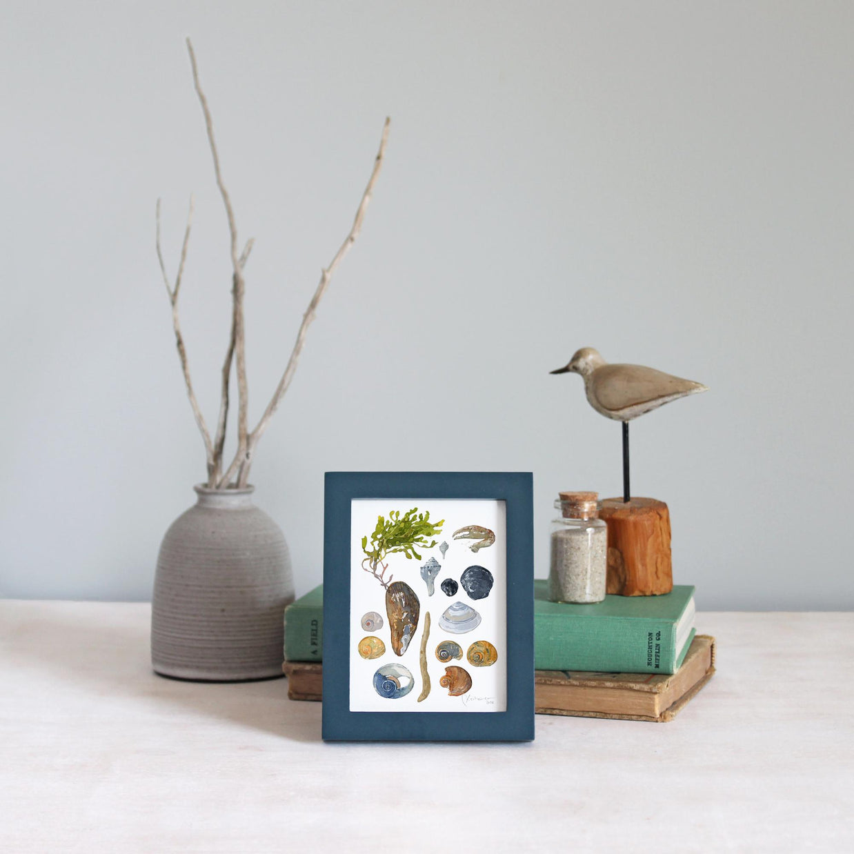 Shells and Seaweed Framed Watercolor Print Tabletop Frame