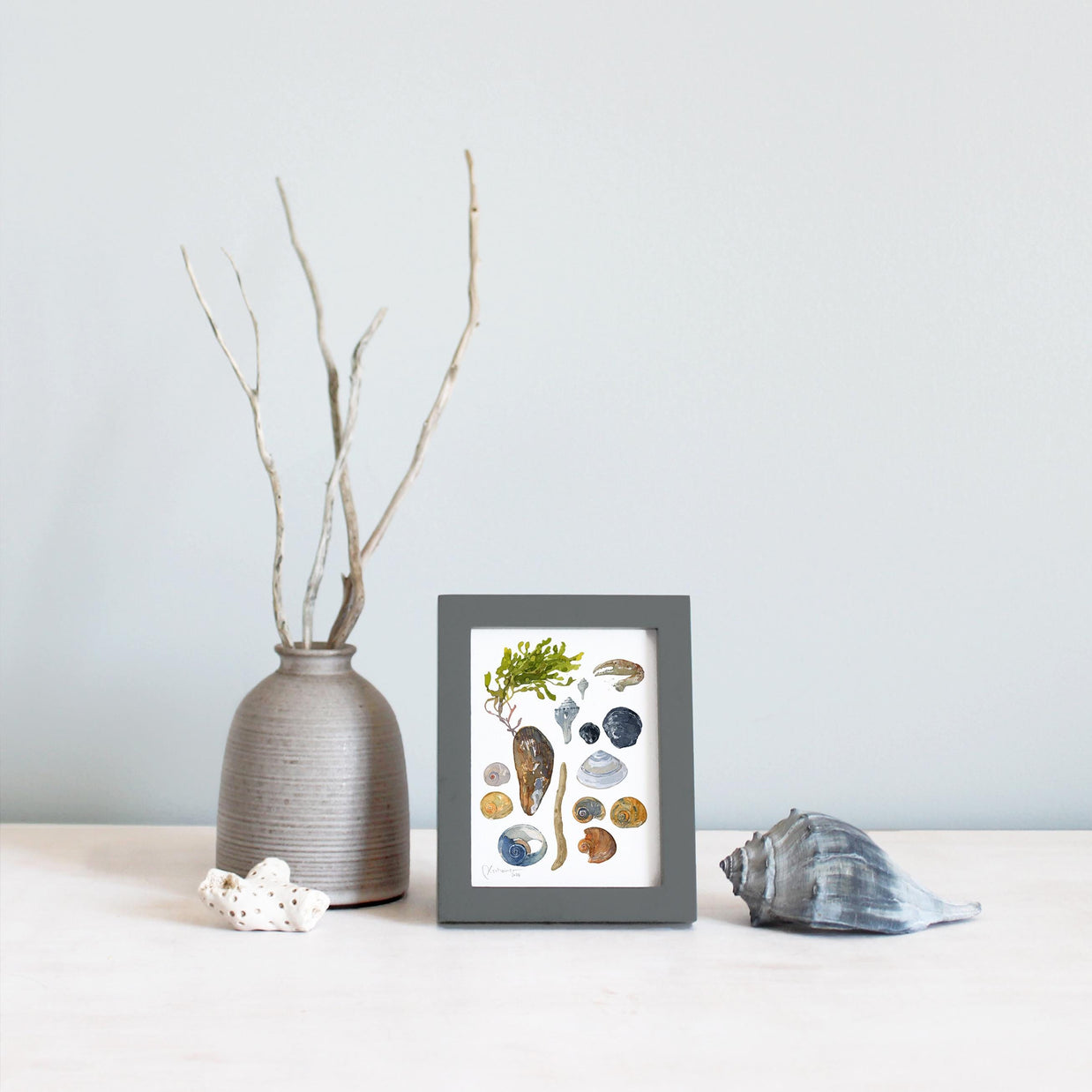 Shells and Seaweed Framed Watercolor Print Tabletop Frame