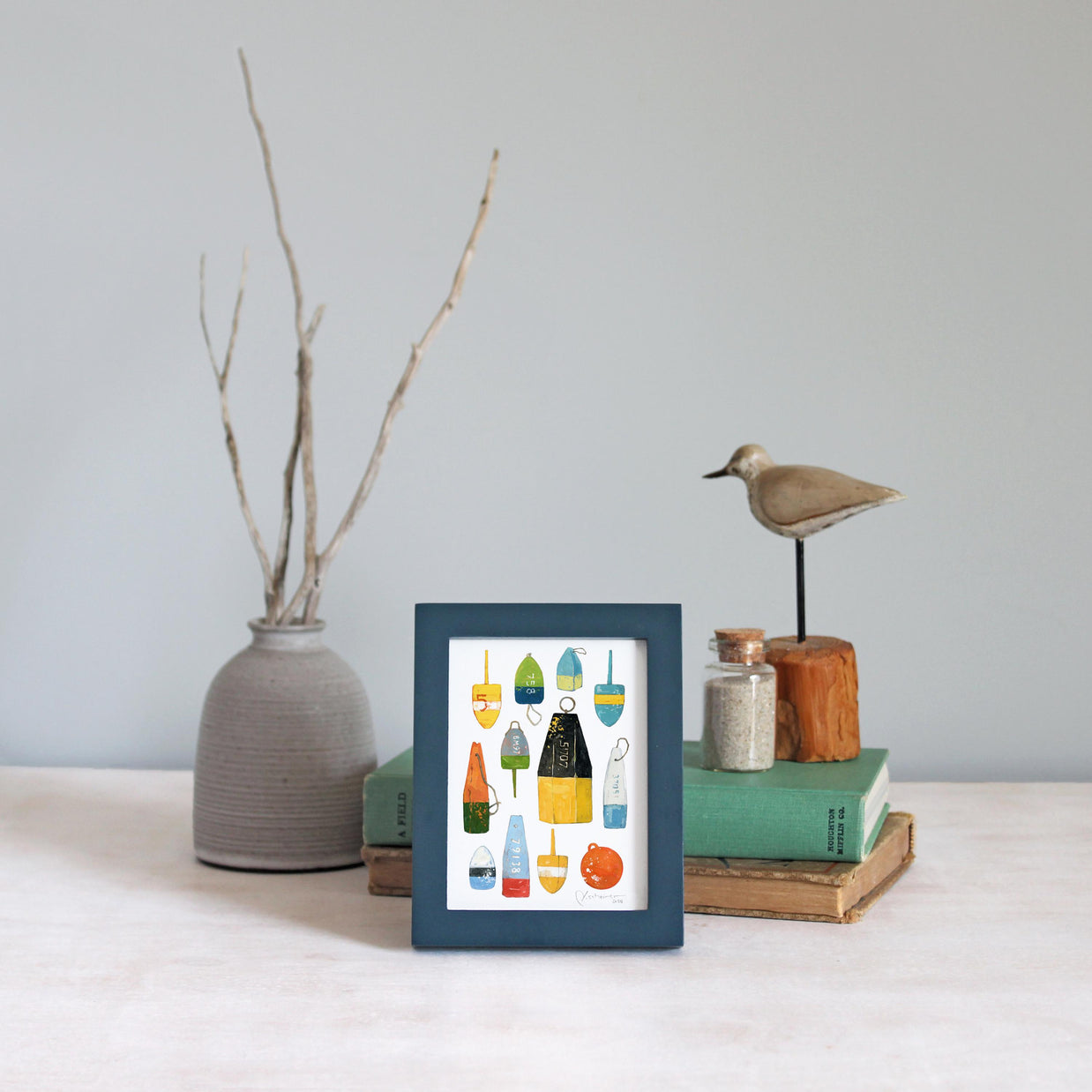 Framed Mini Lobster Buoys Watercolor Print Tabletop Frame Maritime Living