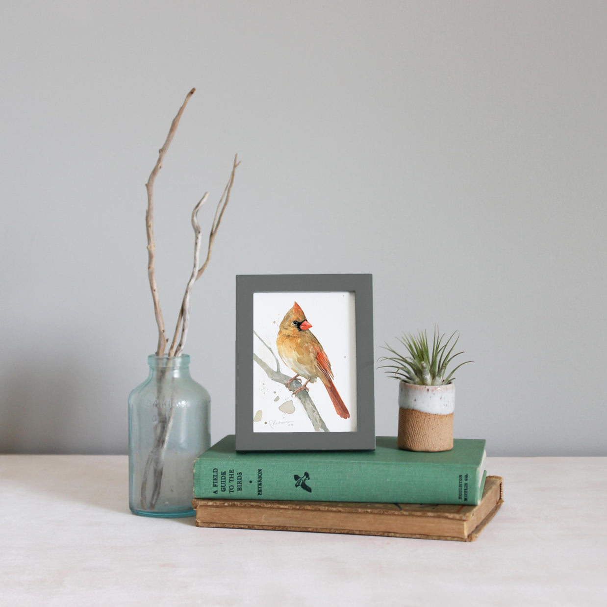 Framed Mini Female Cardinal Watercolor Print Tabletop Frame Bird Gift