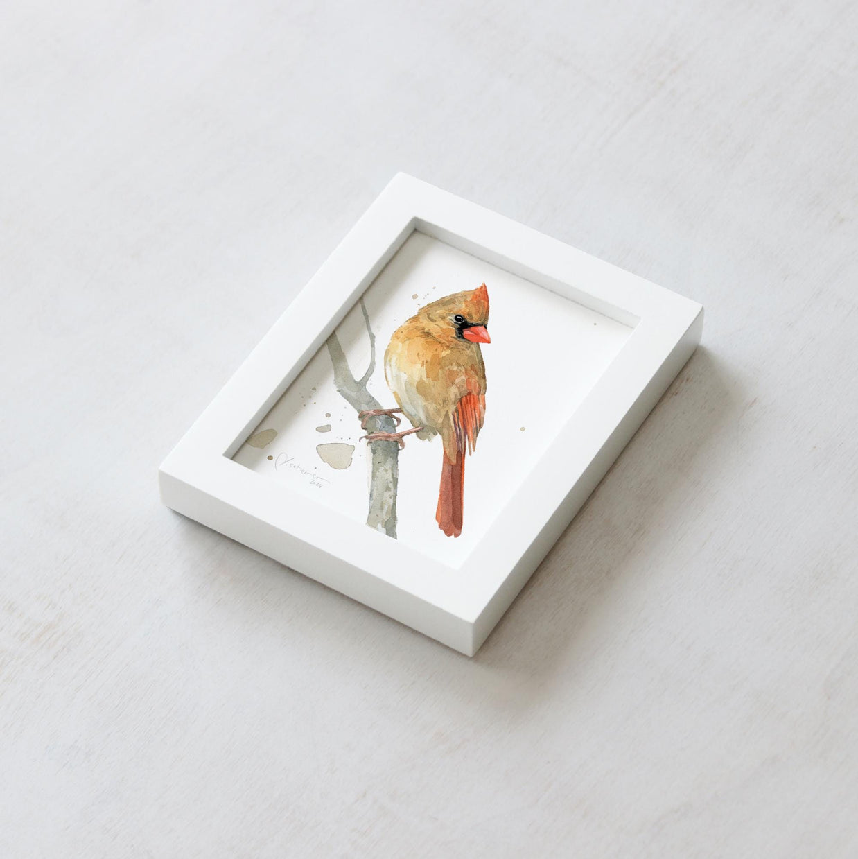 Framed Mini Female Cardinal Watercolor Print Tabletop Frame Bird Gift