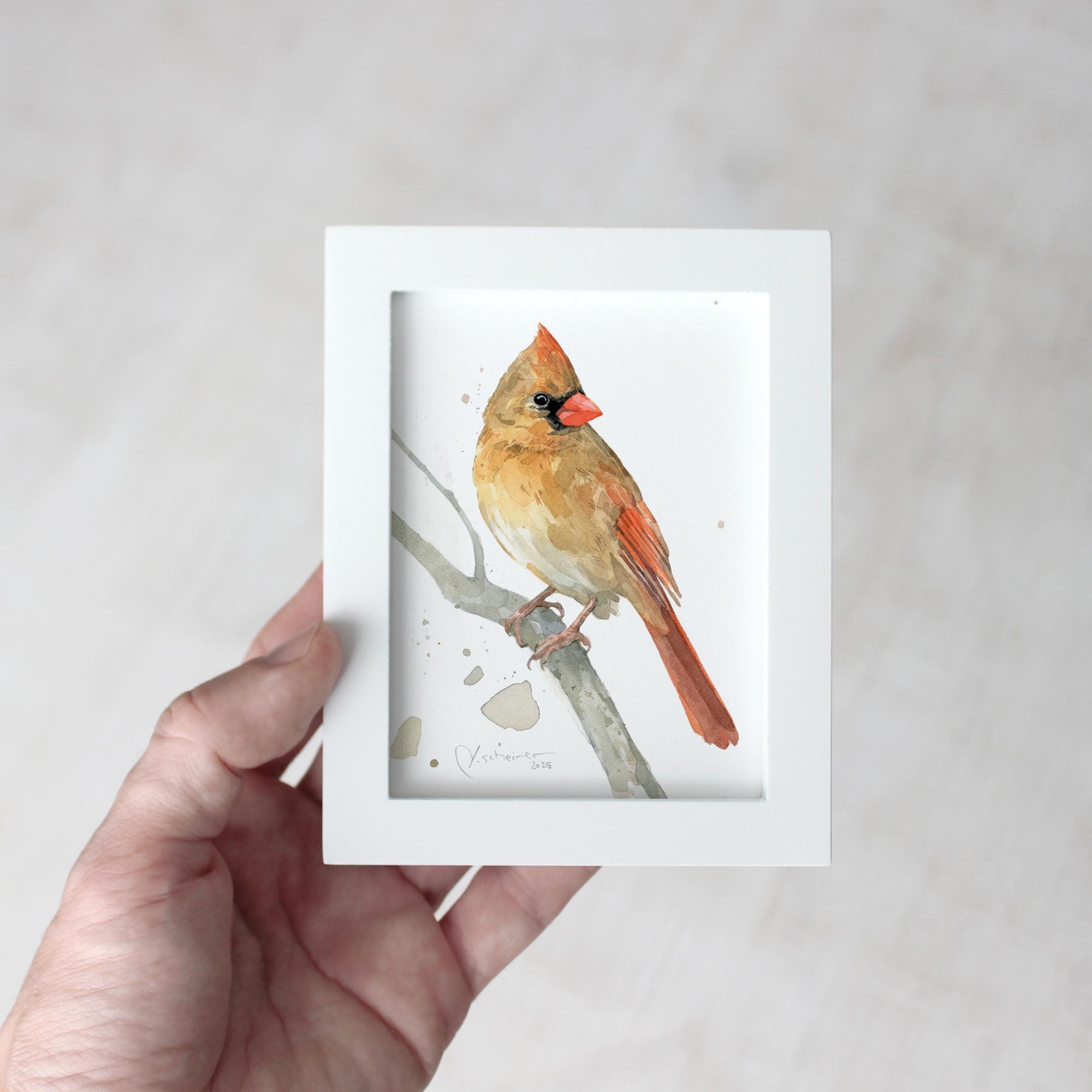 Framed Mini Female Cardinal Watercolor Print Tabletop Frame Bird Gift