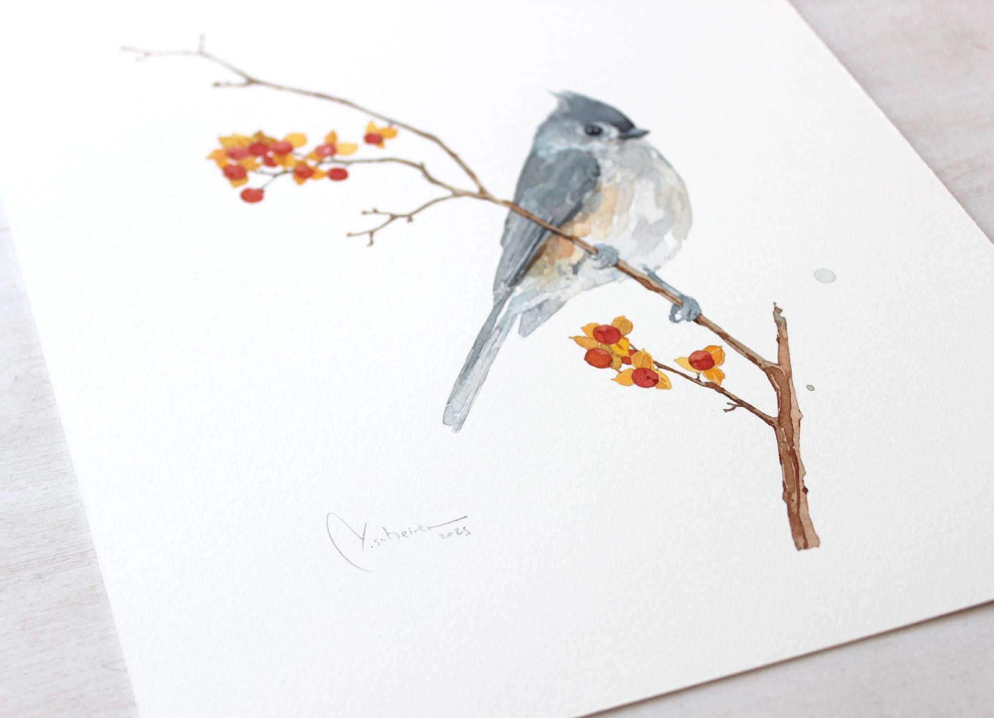 Original Tufted Titmouse on Bittersweet Watercolor Painting