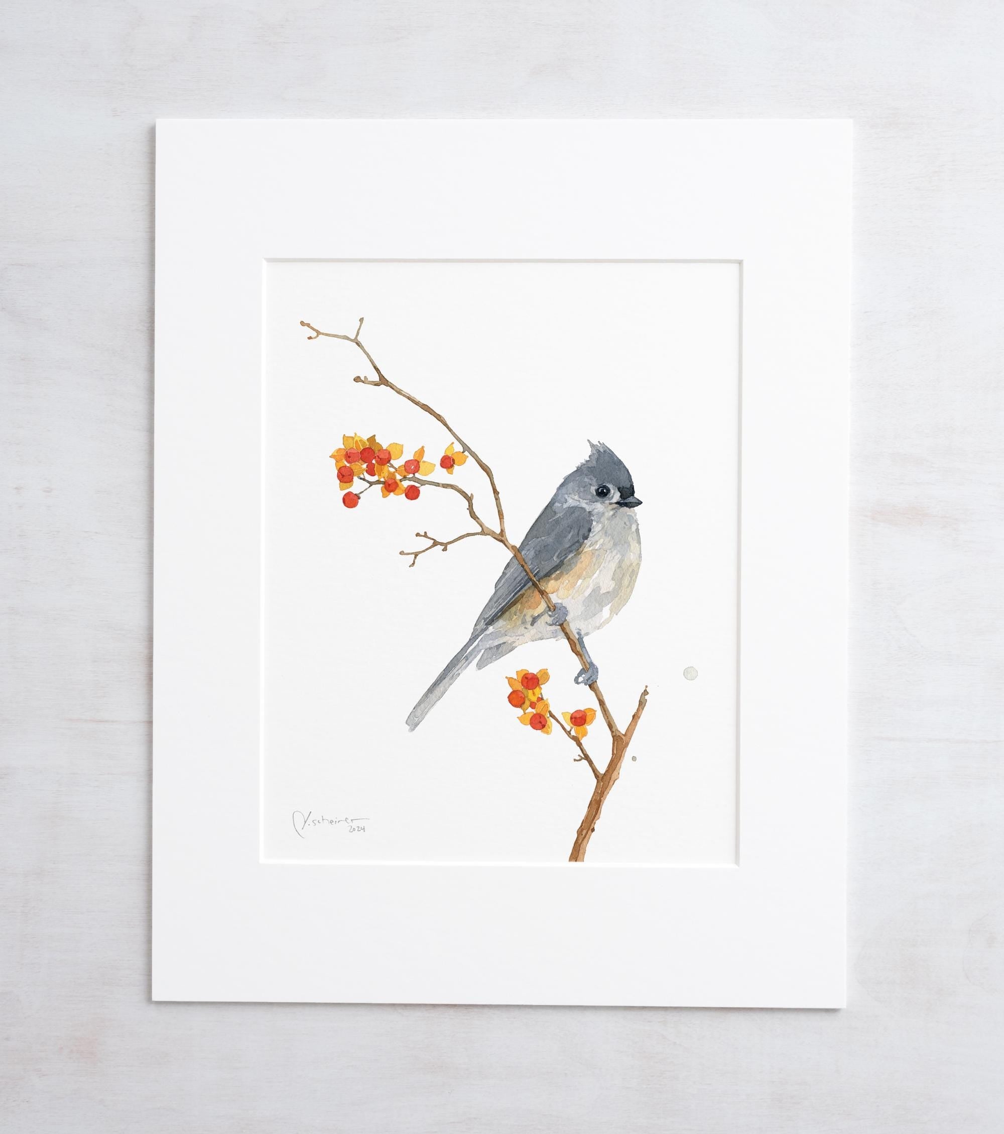 Original Tufted Titmouse on Bittersweet Watercolor Painting