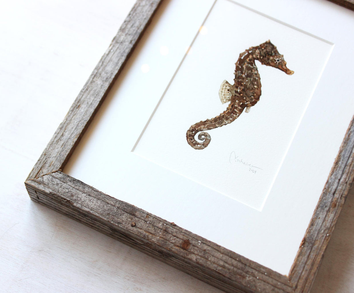 Lined Seahorse Framed Original Watercolor Painting