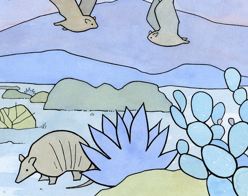 Bats and Armadillo Southwest Desert Print