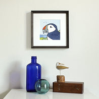 Puffin with Fish Print Illustration Coastal Maine Art