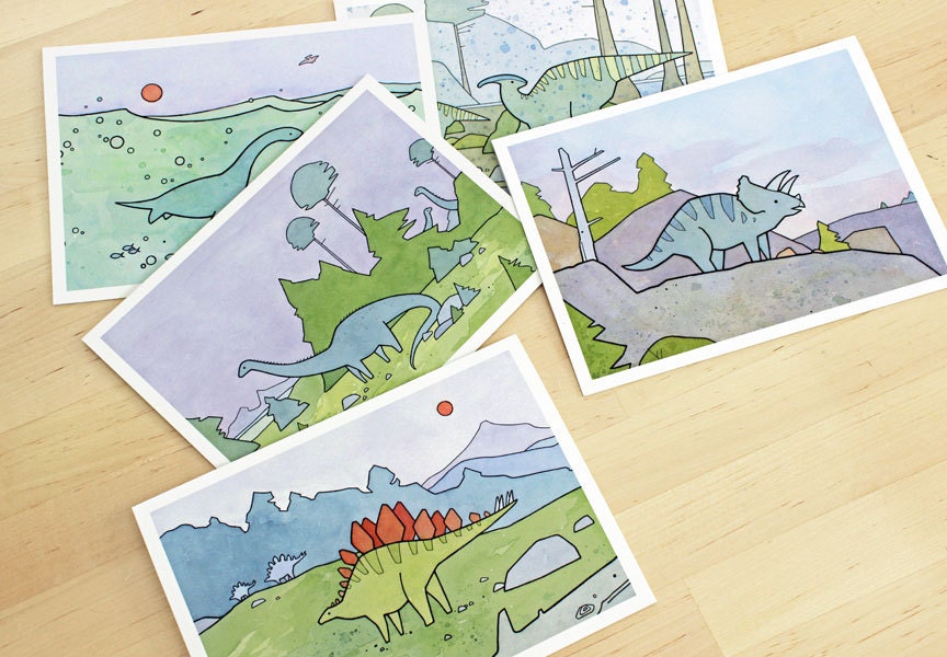 Dinosaur Illustration Card Set: 10 Blank Notecards