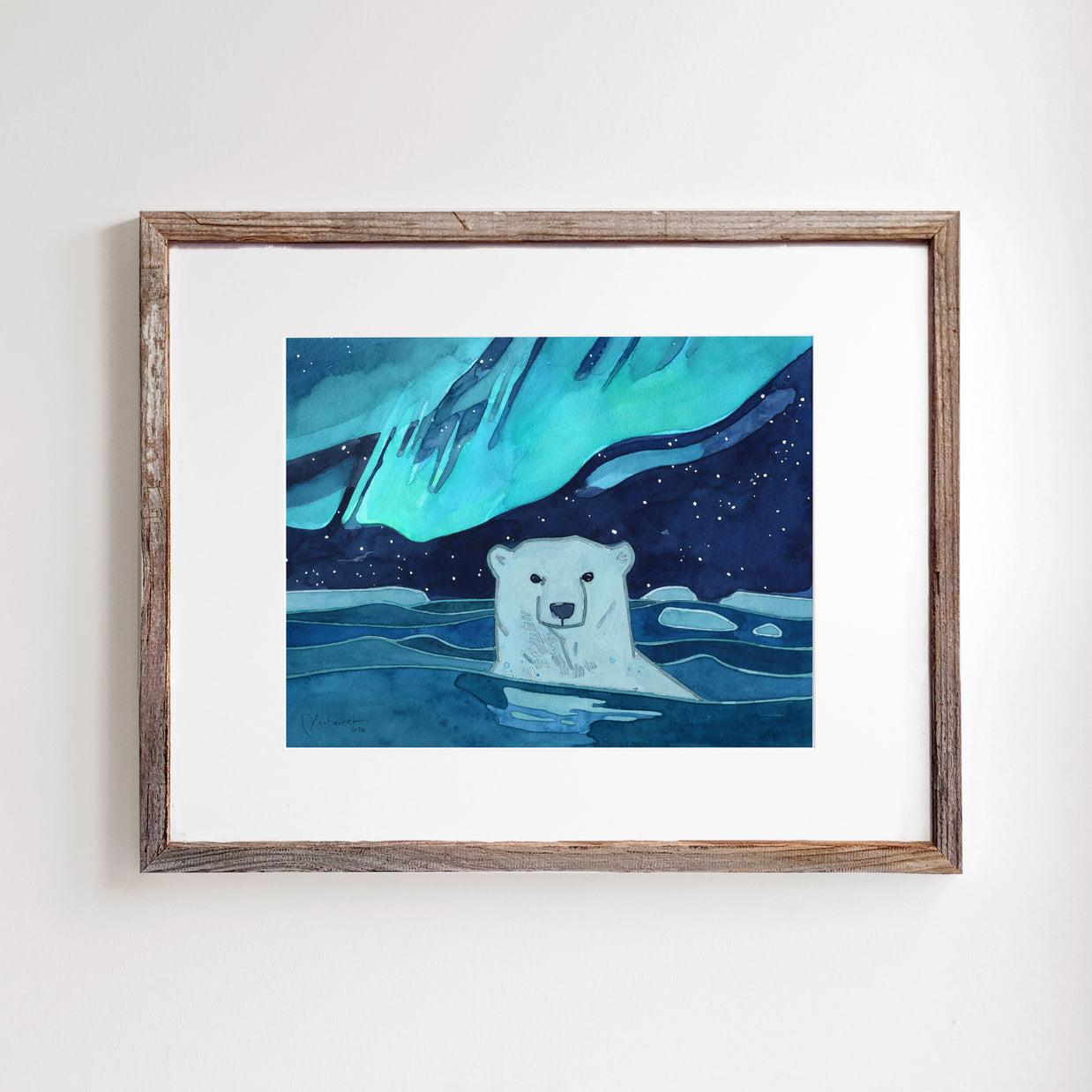 Swimming Polar Bear Northern Lights Print