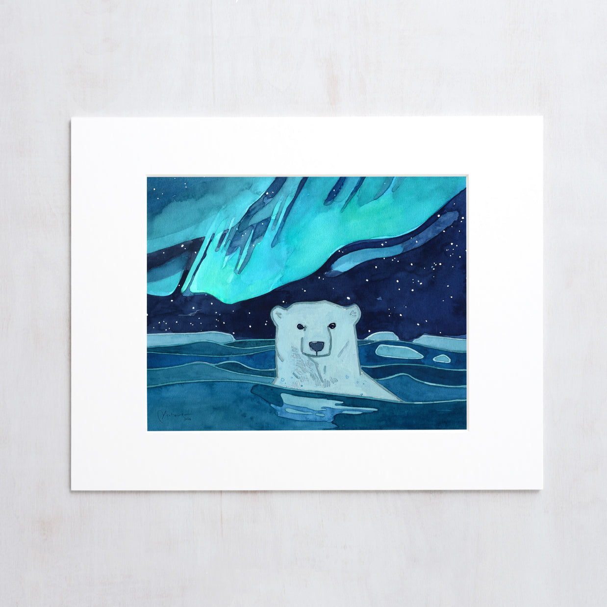 Swimming Polar Bear Northern Lights Print