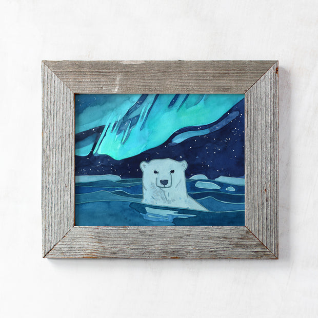 Swimming Polar Bear Northern Lights Print