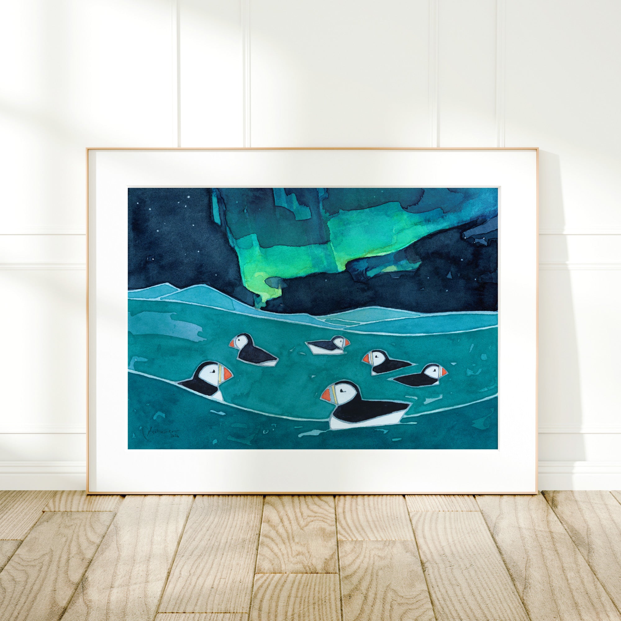 Puffins & Northern Lights Print